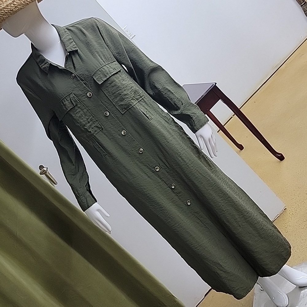 Olive Green Long Sleeve Button Down Side Slits Shift Dress Size Medium